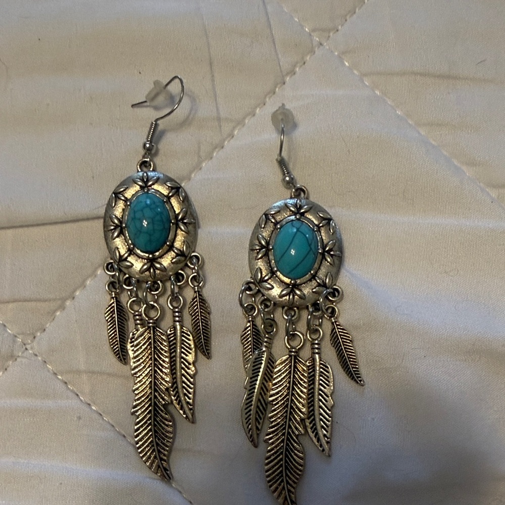 Silver and Turquoise Feather Dangle Earrings